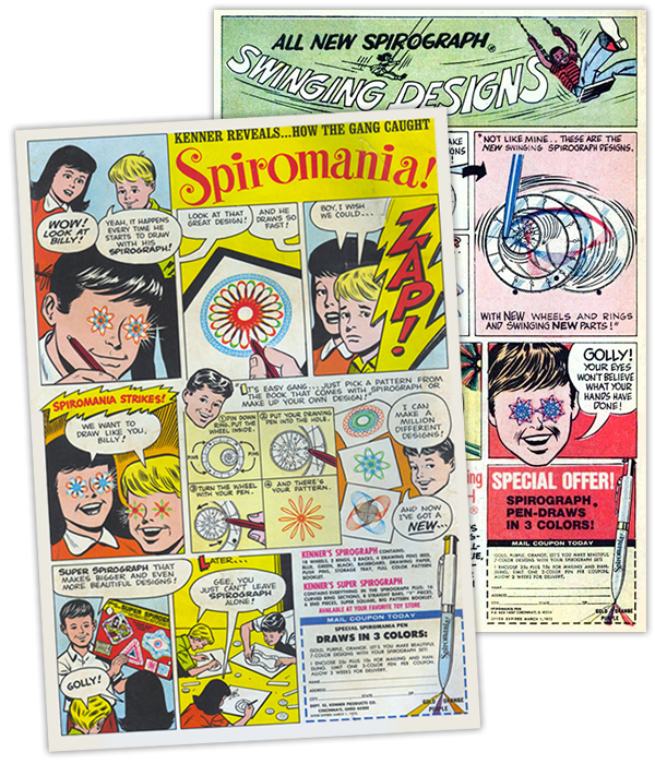 Vintage Spirograph advertisement showcasing vibrant comic-style illustrations of children and the toy, promoting creativity and the Spiromania phenomenon.