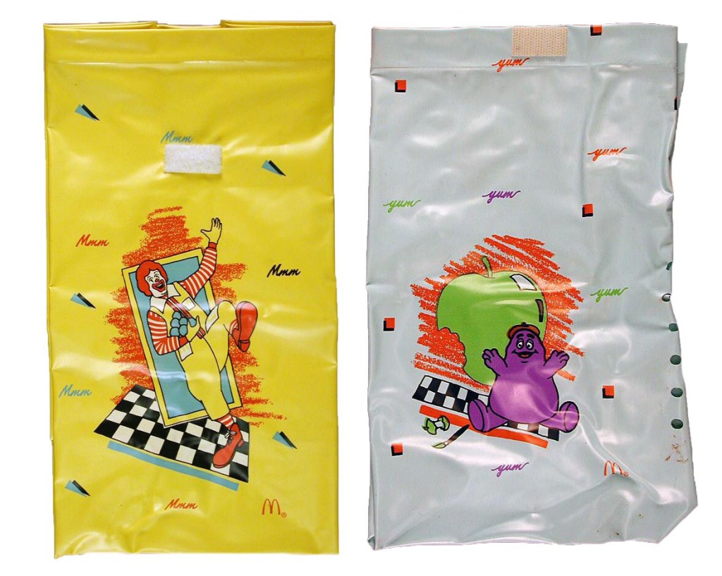 Lunch bags with McDonald’s Ronald McDonald and Grimace, 1988, The Strong, Rochester, New York.