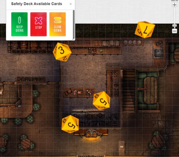 Roll20 Safety Tools.jpg: Roll20's safety tools card deck in use on their virtual platform. Screenshot of Roll20.net (https://roll20.net/) gameplay.