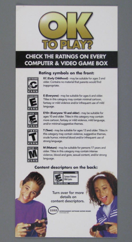 Image of a rating pamphlet titled OK to Play? Check the Ratings on Every Computer & Video Game Box, Entertainment Software Rating Boards, The Strong National Museum of Play, Rochester, New York.