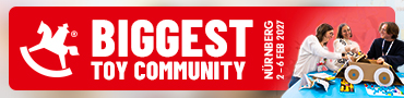 Banner for the Biggest Toy Community event in Nuremberg, featuring people engaged in toy-related activities, with event dates from February 2 to 6, 2027.