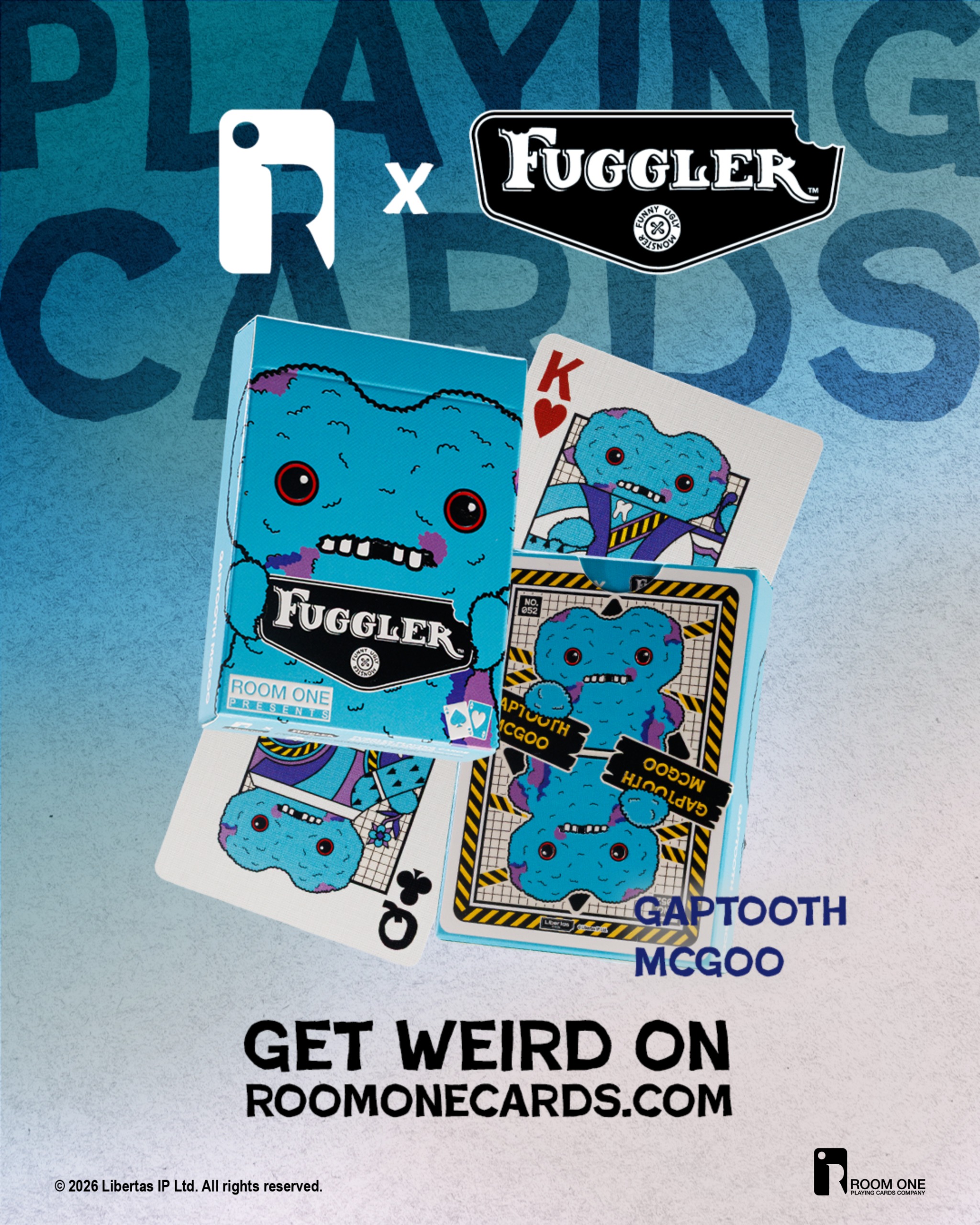 A promotional image featuring Fuggler-themed playing cards. The cards include a design with a blue creature and text reading 'Gaptooth McGoo.' The background has the words 'PLAYING CARDS' and branding for Room One and Fuggler.