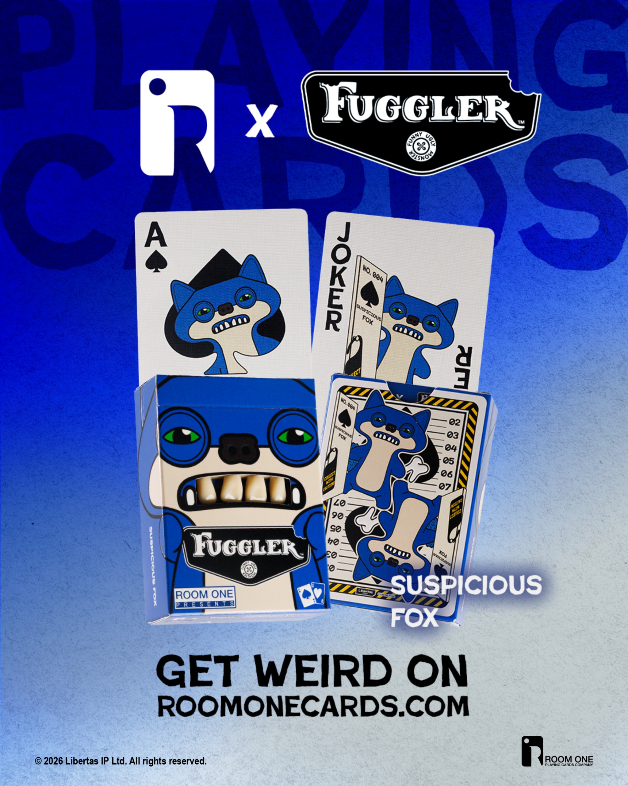 Promotional image for Fuggler playing cards featuring the Ace of Spades and a Joker card, displaying unique cartoonish characters, with a blue and white color scheme and the text 'Get Weird On' at the bottom.
