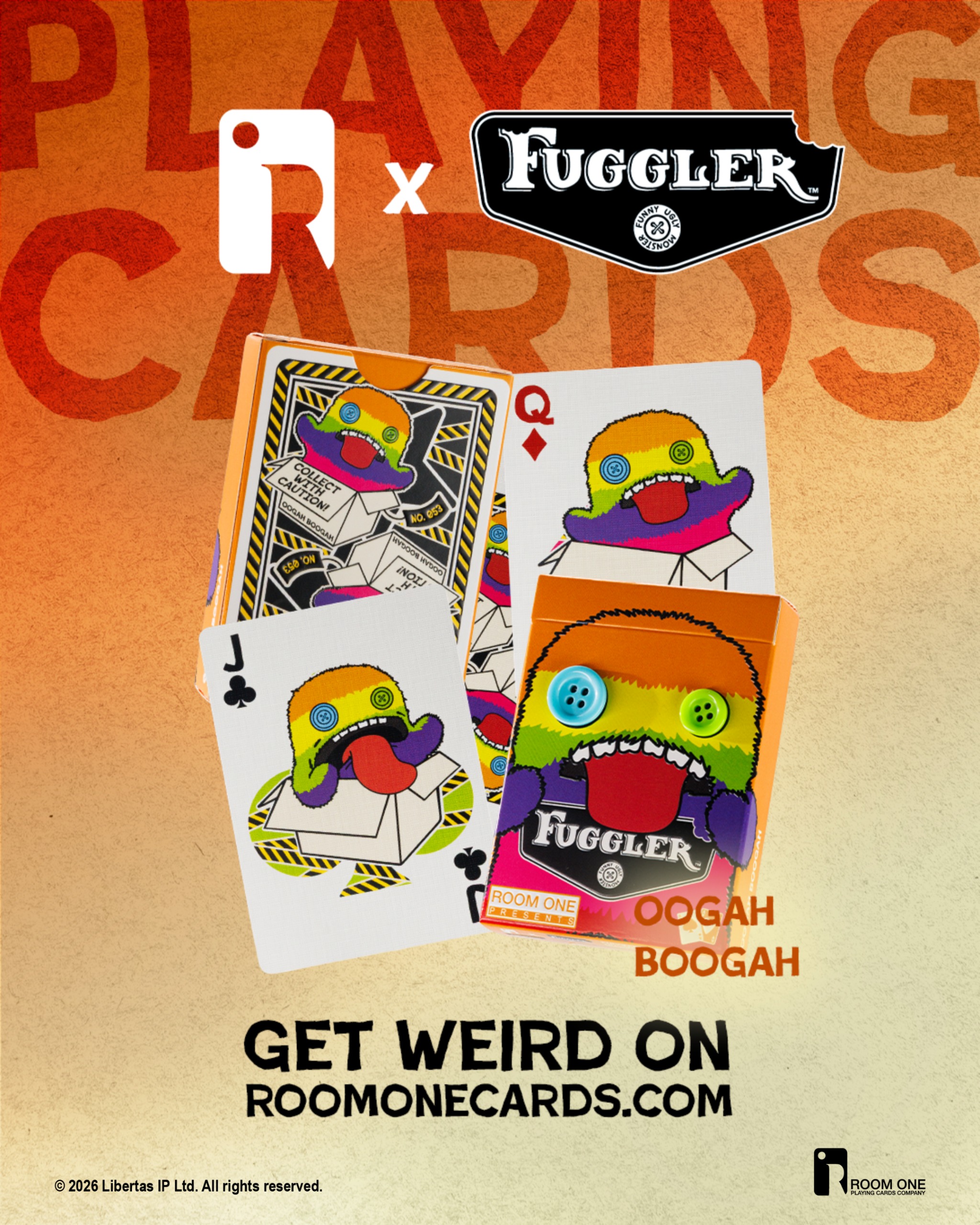 Colorful playing cards featuring Fuggler characters, with a playful design and bold text announcing 'GET WEIRD ON roomonecards.com'.