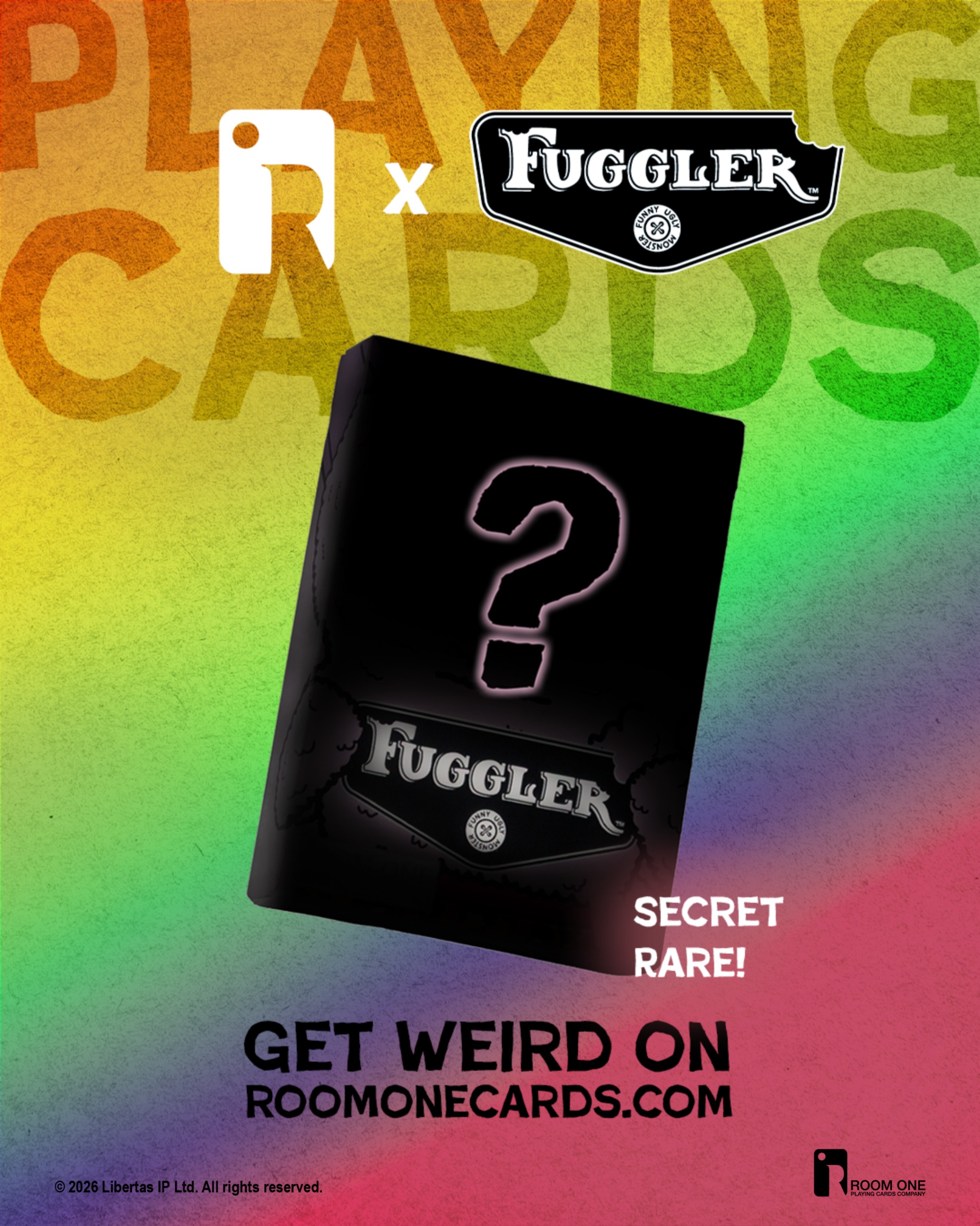 Promotional image for Fuggler playing cards featuring a black card box with a question mark, set against a colorful gradient background. Text reads 'SECRET RARE!' and 'GET WEIRD ON ROOMONECARDS.COM'.