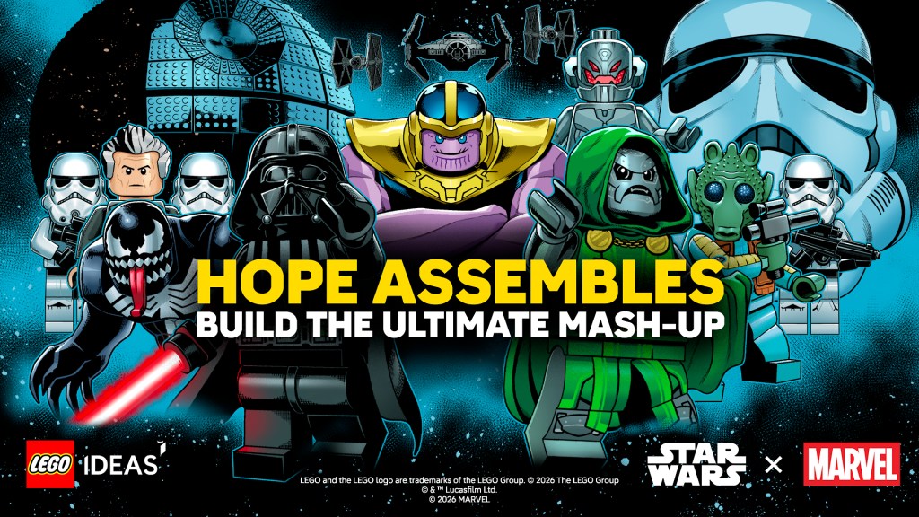 A colorful graphic featuring various LEGO figurines from the Star Wars and Marvel franchises, including characters like Venom, Darth Vader, Thanos, and Doctor Doom. The text 'HOPE ASSEMBLES' and 'BUILD THE ULTIMATE MASH-UP' is prominently displayed in the center.