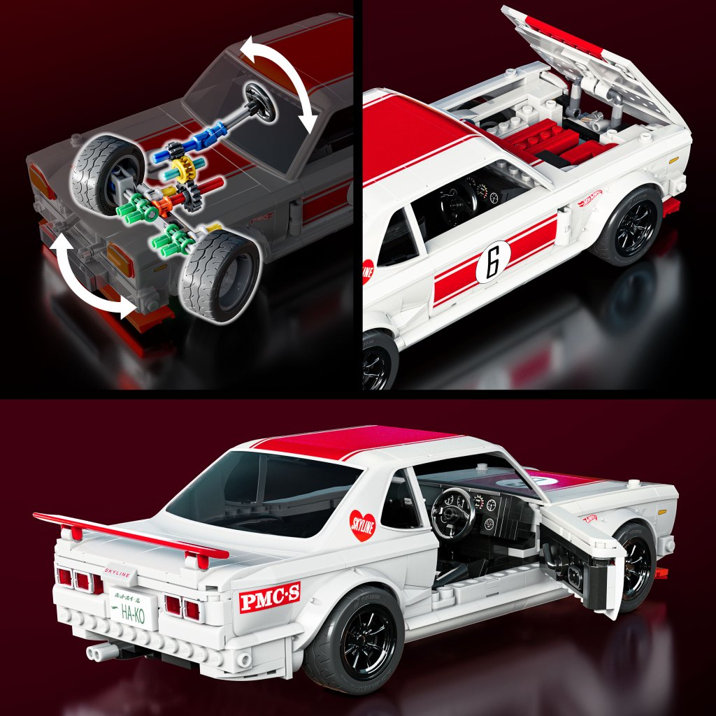 A detailed model of a race car, featuring a white and red color scheme, showcasing various components including wheels, engine parts, and an open door revealing the interior.