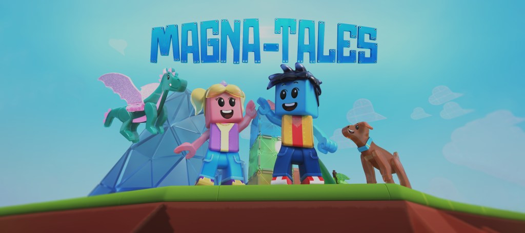 A colorful digital landscape featuring two cartoon characters, a girl and a boy, smiling and standing together on a green hill. The girl has a ponytail and a pink outfit, while the boy has blue skin and wears a colorful shirt. Behind them, a playful unicorn and a brown dog are present, with a geometric mountain in the background. The title 'MAGNA-TALES' is displayed prominently above.