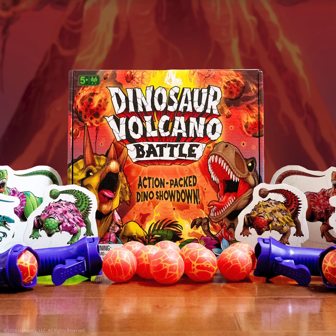 A colorful board game box titled 'Dinosaur Volcano Battle' featuring vibrant dinosaur illustrations, surrounded by game pieces including toys and small balls designed for a dino-themed action game.