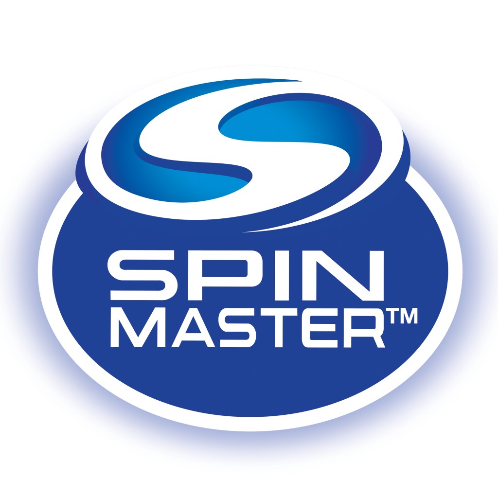 Logo of Spin Master, featuring a blue and white design with the company name prominently displayed in bold lettering.