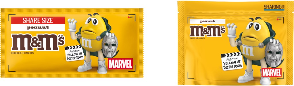 Peanut M&M's share size package featuring a cartoon yellow M&M character dressed as Doctor Doom with a Marvel logo.