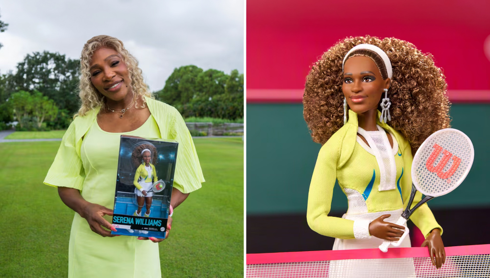 A woman holding a box featuring a Serena Williams doll, showcasing her signature style and tennis equipment.