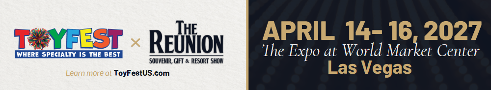Promotional banner for ToyFest and The Reunion event, featuring event dates April 14-16, 2027, at the Expo at World Market Center in Las Vegas.